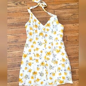 Linen blend floral halter neck mini dress, white and yellow in medium